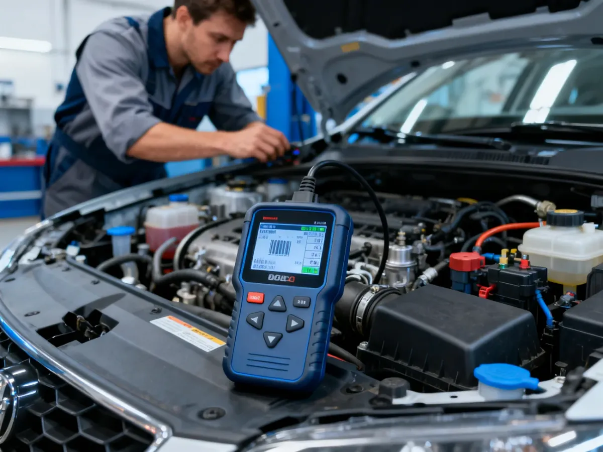 Mechanik diagnozujący silnik samochodu za pomocą skanera OBD-II