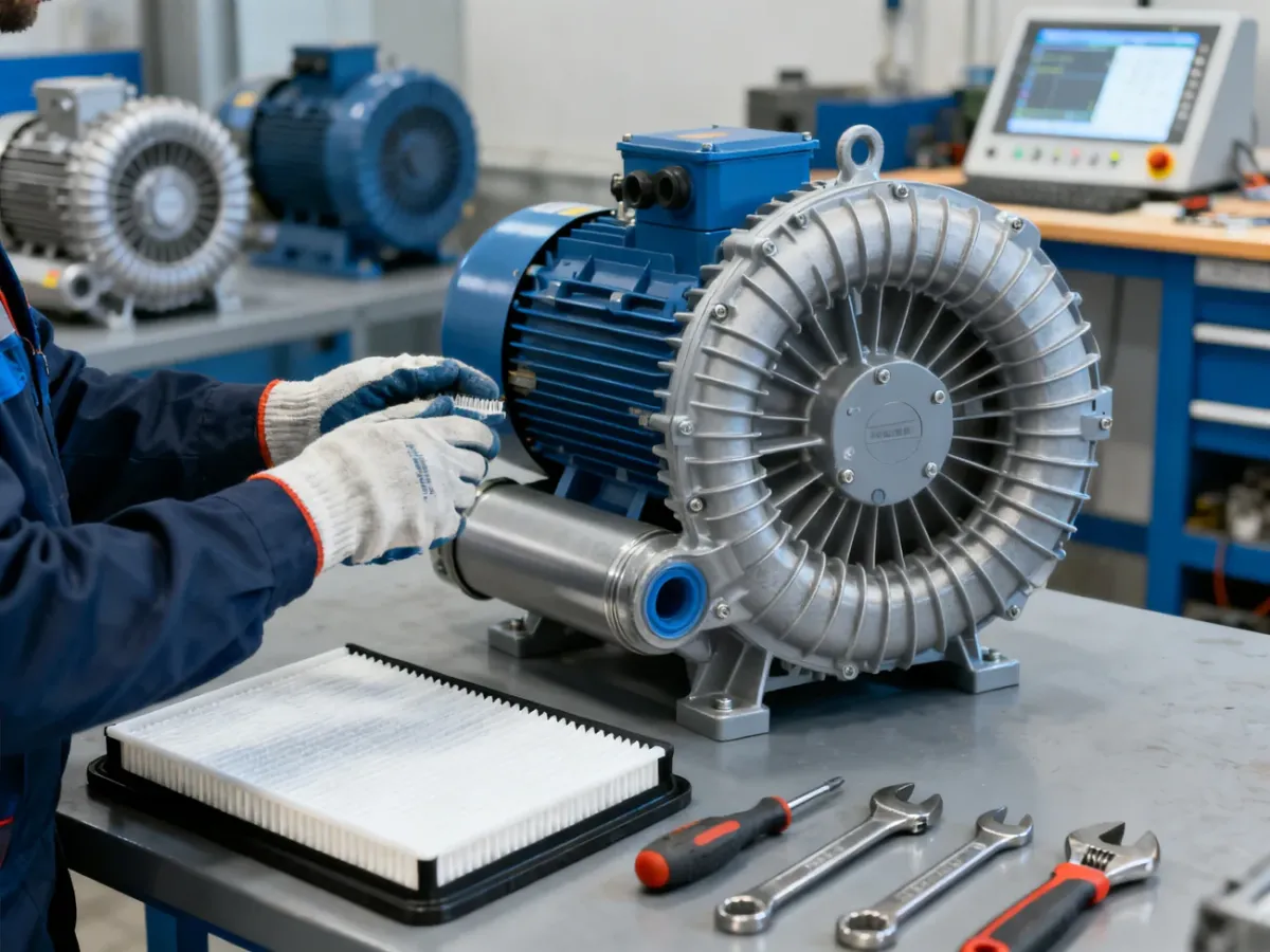 Technik sprawdzający dmuchawę i przygotowane elementy do diagnostyki