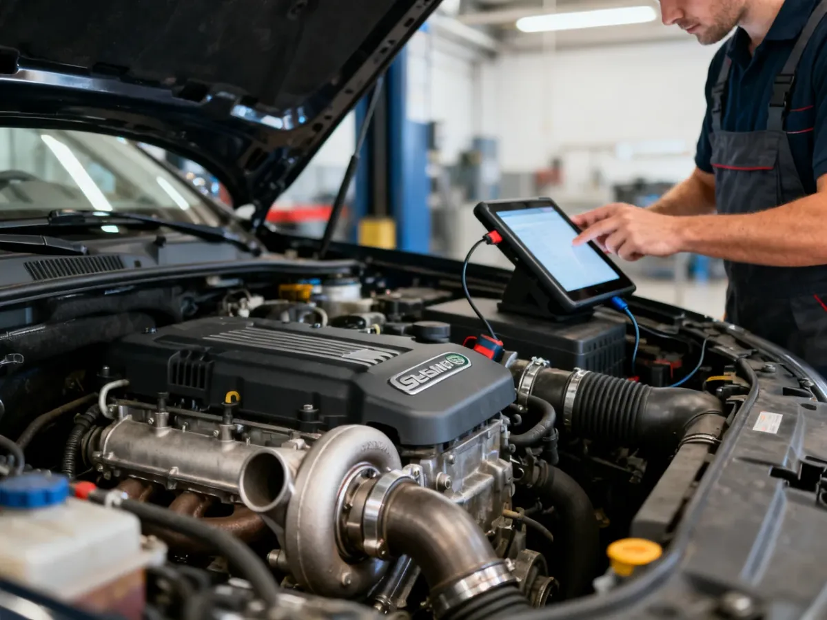 Mechanik diagnozujący silnik Diesla za pomocą testera diagnostycznego