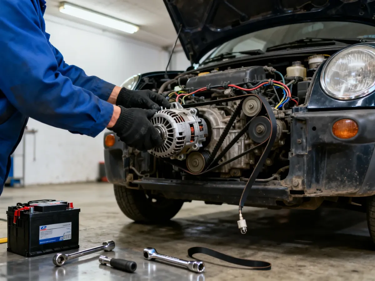 Mechanik wymienia alternator w komorze silnika małego samochodu