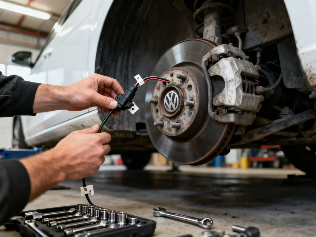 Montaż nowego czujnika ABS przy piaście przedniego koła Volkswagena Golfa