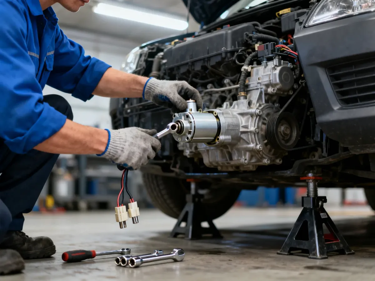 Mechanik demontujący rozrusznik samochodowy przy silniku i skrzyni biegów