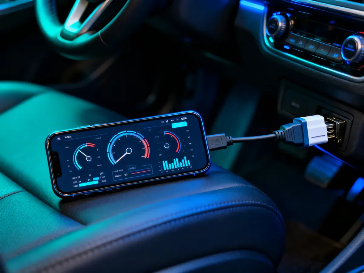Smartfon z aplikacją diagnostyczną połączony z samochodem przez adapter OBD2
