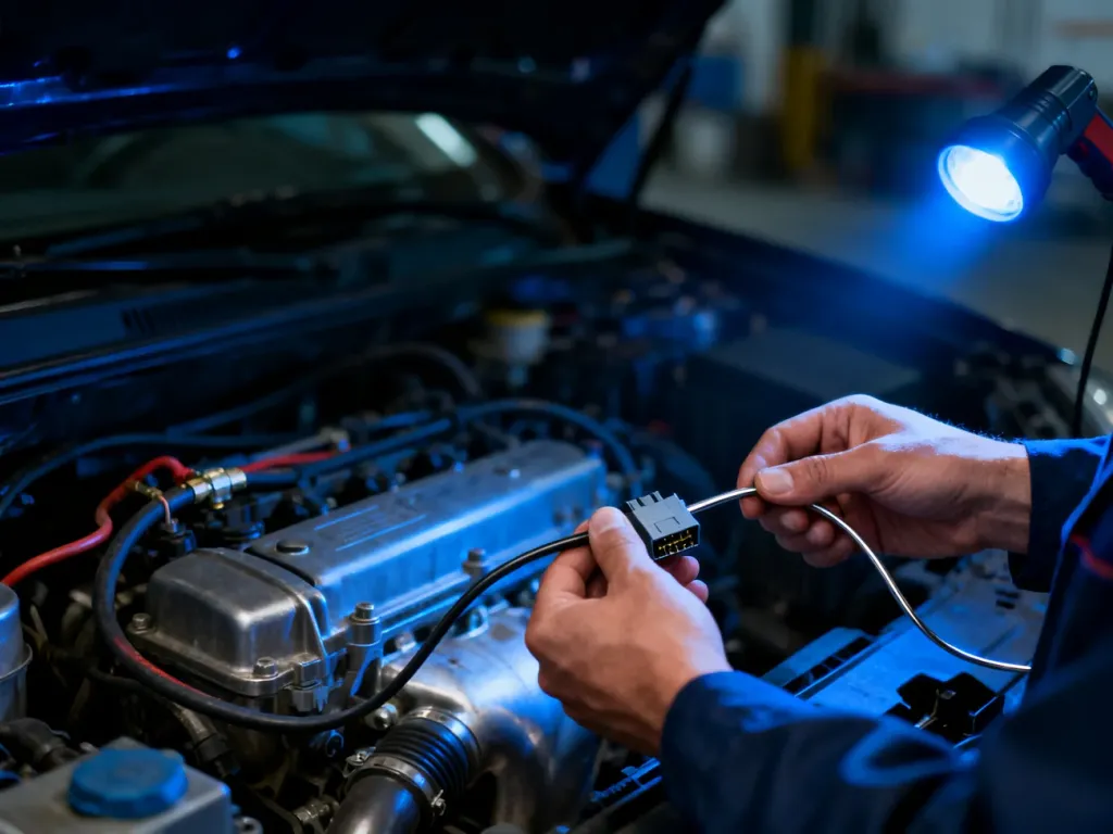 Mechanik używa metalowego przewodu do ręcznego odczytu kodów błędów w gnieździe diagnostycznym samochodu.