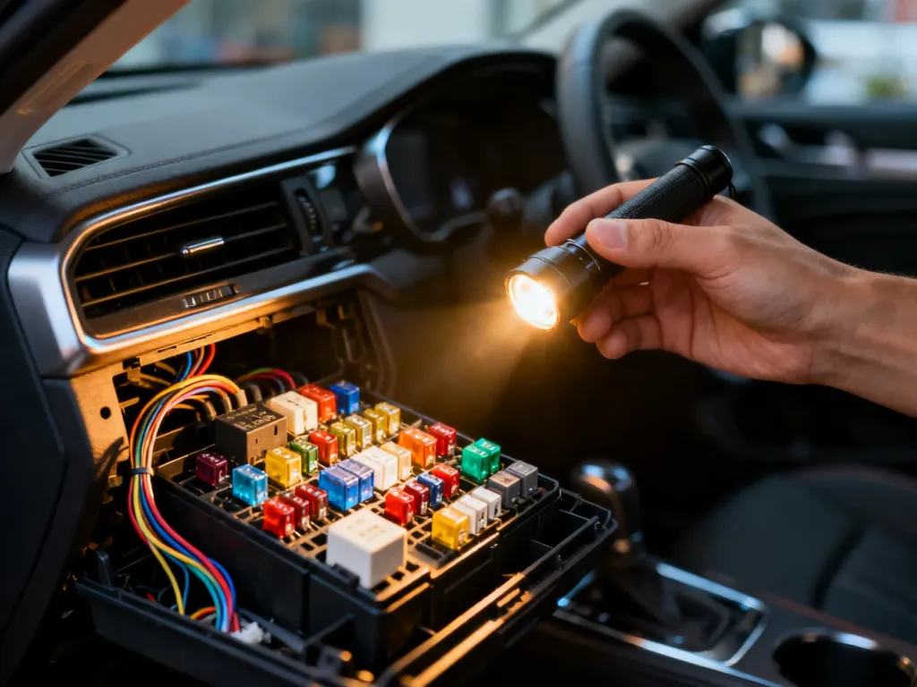 Otwarta skrzynka bezpieczników w samochodzie z widocznymi kolorowymi elementami elektrycznymi i okablowaniem.