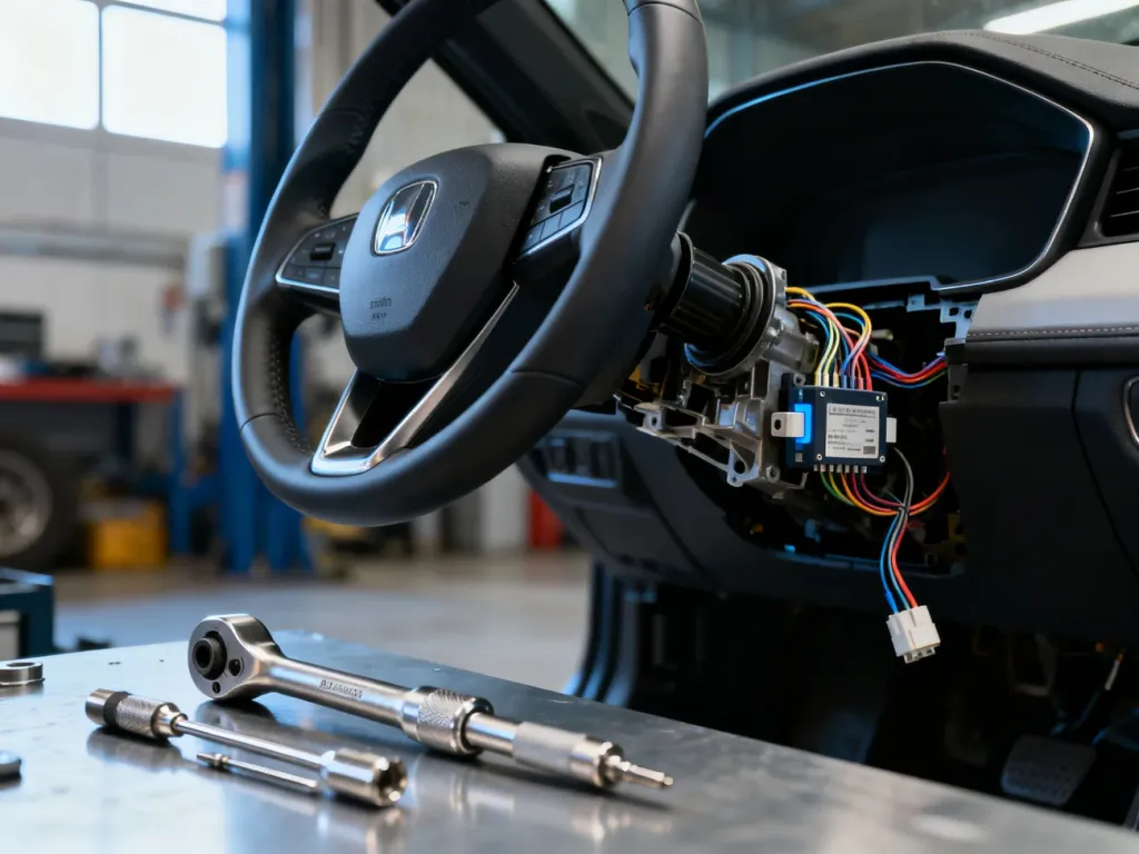 Otwarta kolumna kierownicy BMW e60 z widocznym czujnikiem skrętu oraz zestawem profesjonalnych narzędzi warsztatowych.
