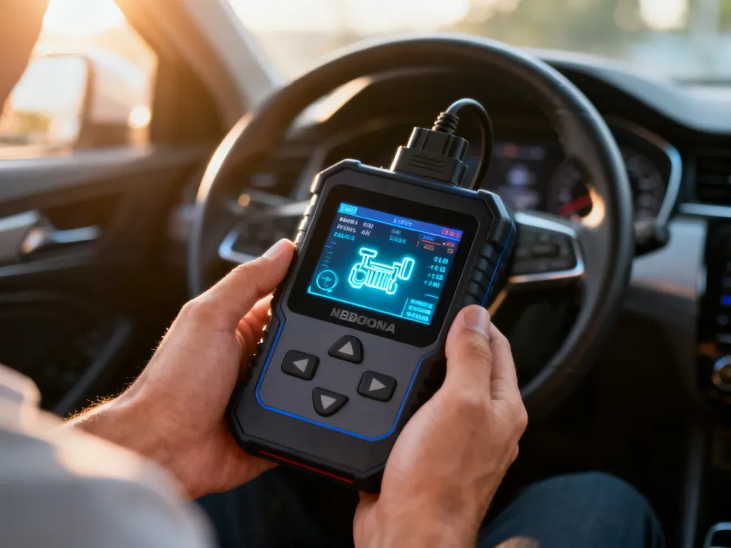 Profesjonalny skaner diagnostyczny OBD2 podłączony do samochodu, wyświetlający dane techniczne silnika.