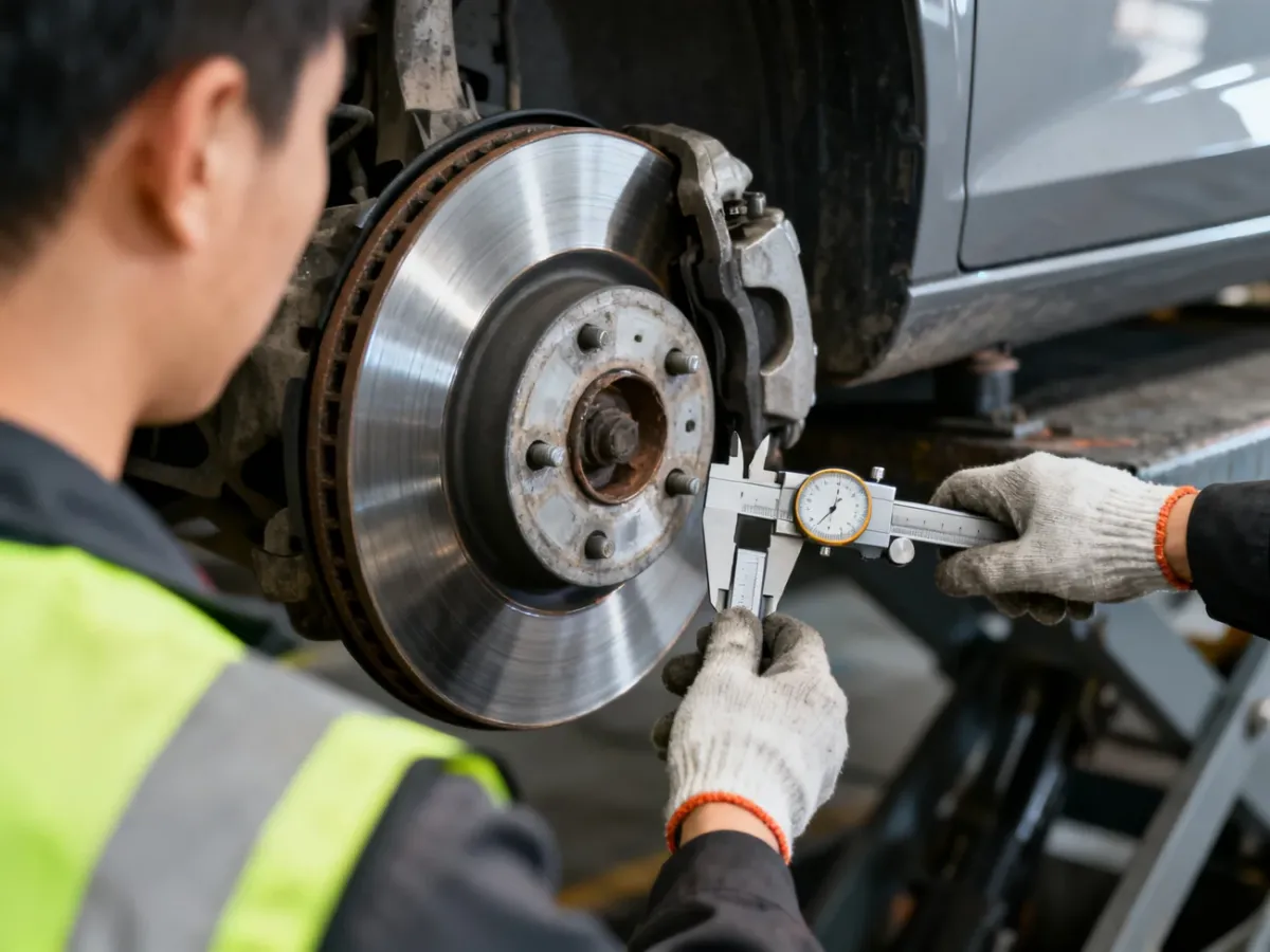 Mechanik mierzący suwmiarką grubość zimnej tarczy hamulcowej