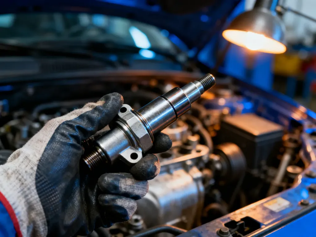 Dłoń mechanika w rękawicy trzymająca nowy czujnik położenia wału korbowego na tle otwartej komory silnika Opla Vectry B.