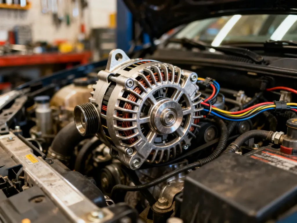 Zbliżenie na nowy alternator montowany w komorze silnika samochodu Renault Scenic.
