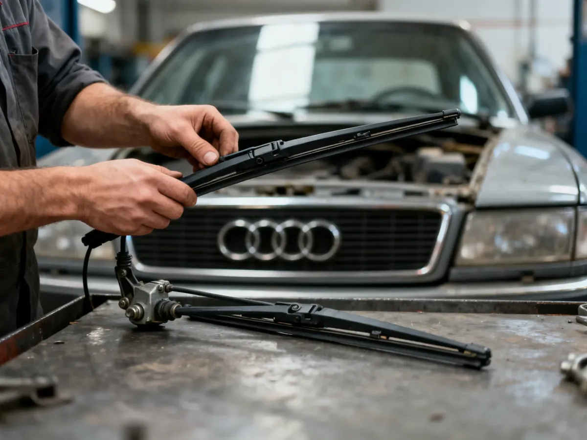 Mechanik serwisujący mechanizm wycieraczek samochodu Audi