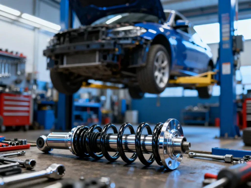 Nowy amortyzator samochodowy przygotowany do montażu w profesjonalnym warsztacie mechanicznym.