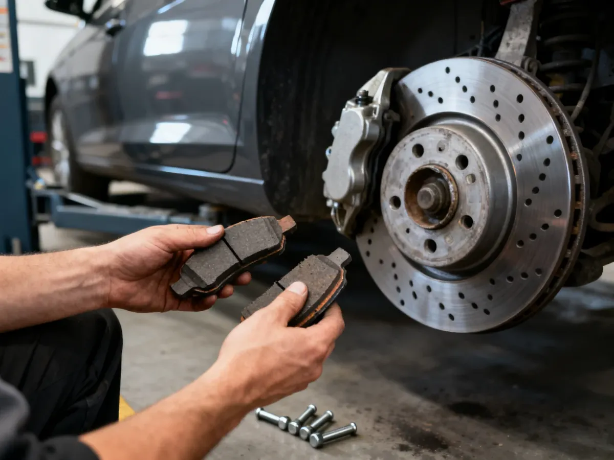 Mechanik sprawdza klocki hamulcowe, tarczę i zacisk po zdjęciu koła