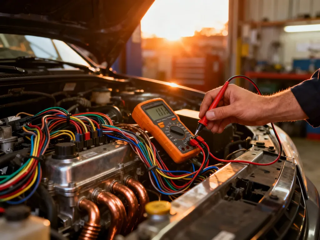 Mechanik sprawdza miernikiem instalację elektryczną silnika samochodowego w profesjonalnym warsztacie.