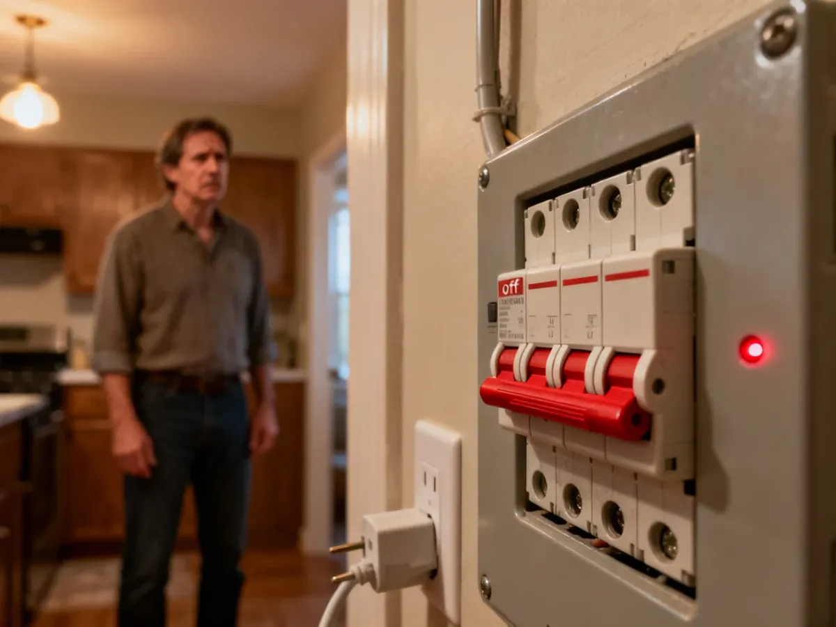 Rozdzielnica elektryczna z wyłączonym bezpiecznikiem i obserwującą ją osobą