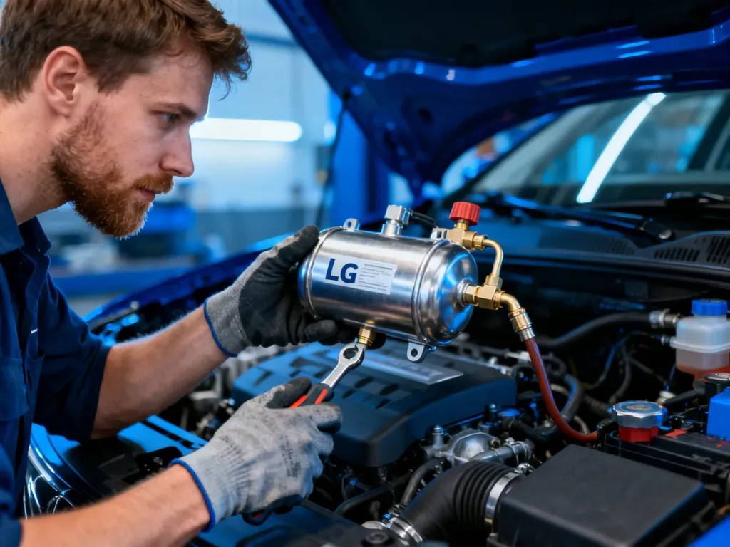 Mechanik w rękawicach roboczych wymienia reduktor LPG w komorze silnika samochodu.
