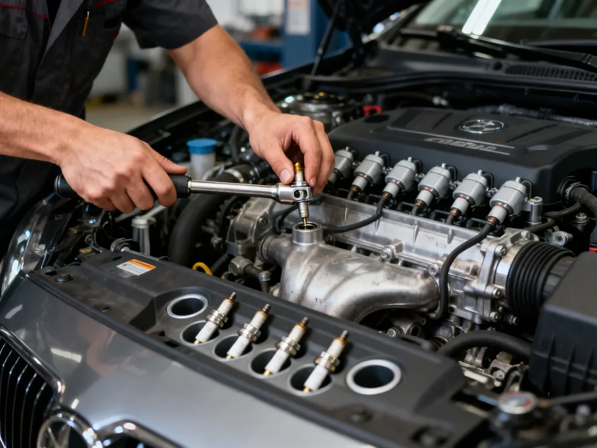 Mechanik dokręcający nową świecę zapłonową kluczem dynamometrycznym