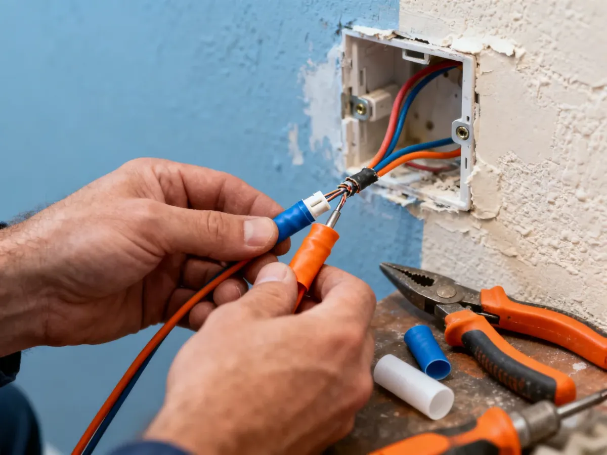 Elektryk zabezpieczający naprawiony przewód złączką i rurką termokurczliwą