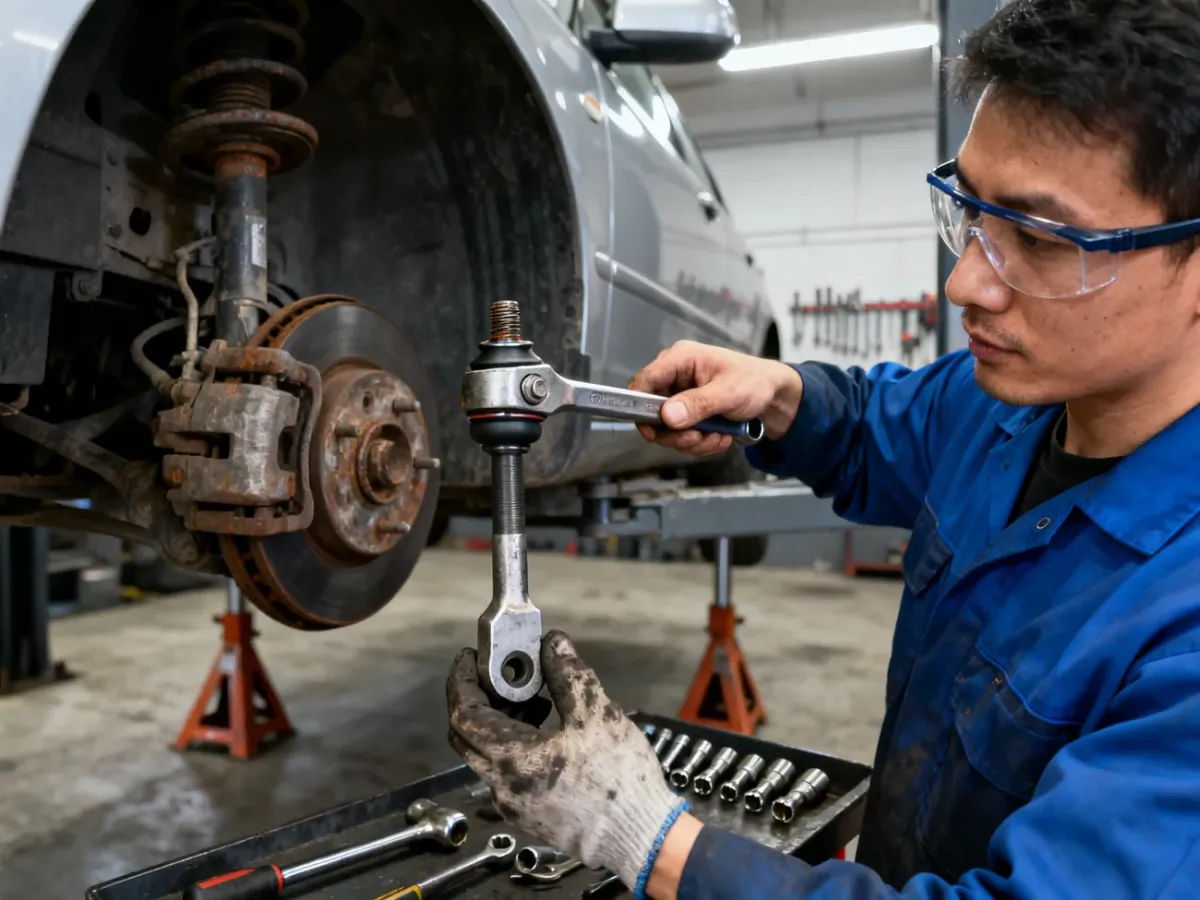 Mechanik wymieniający końcówkę drążka kierowniczego przy uniesionym samochodzie
