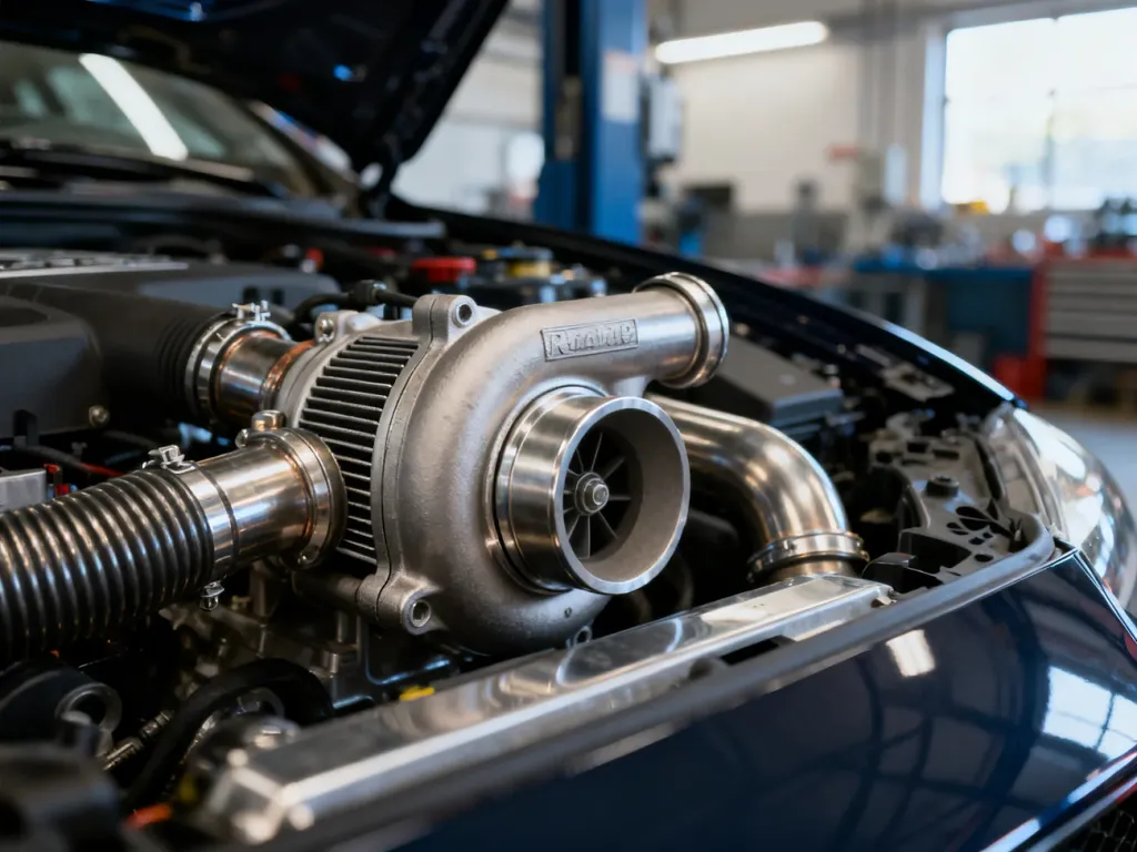 Zbliżenie na metalową turbosprężarkę w komorze silnika samochodu, ukazujące detale techniczne urządzenia.