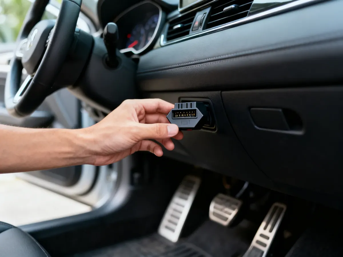 Gniazdo OBD2 pod deską rozdzielczą samochodu w pobliżu pedałów