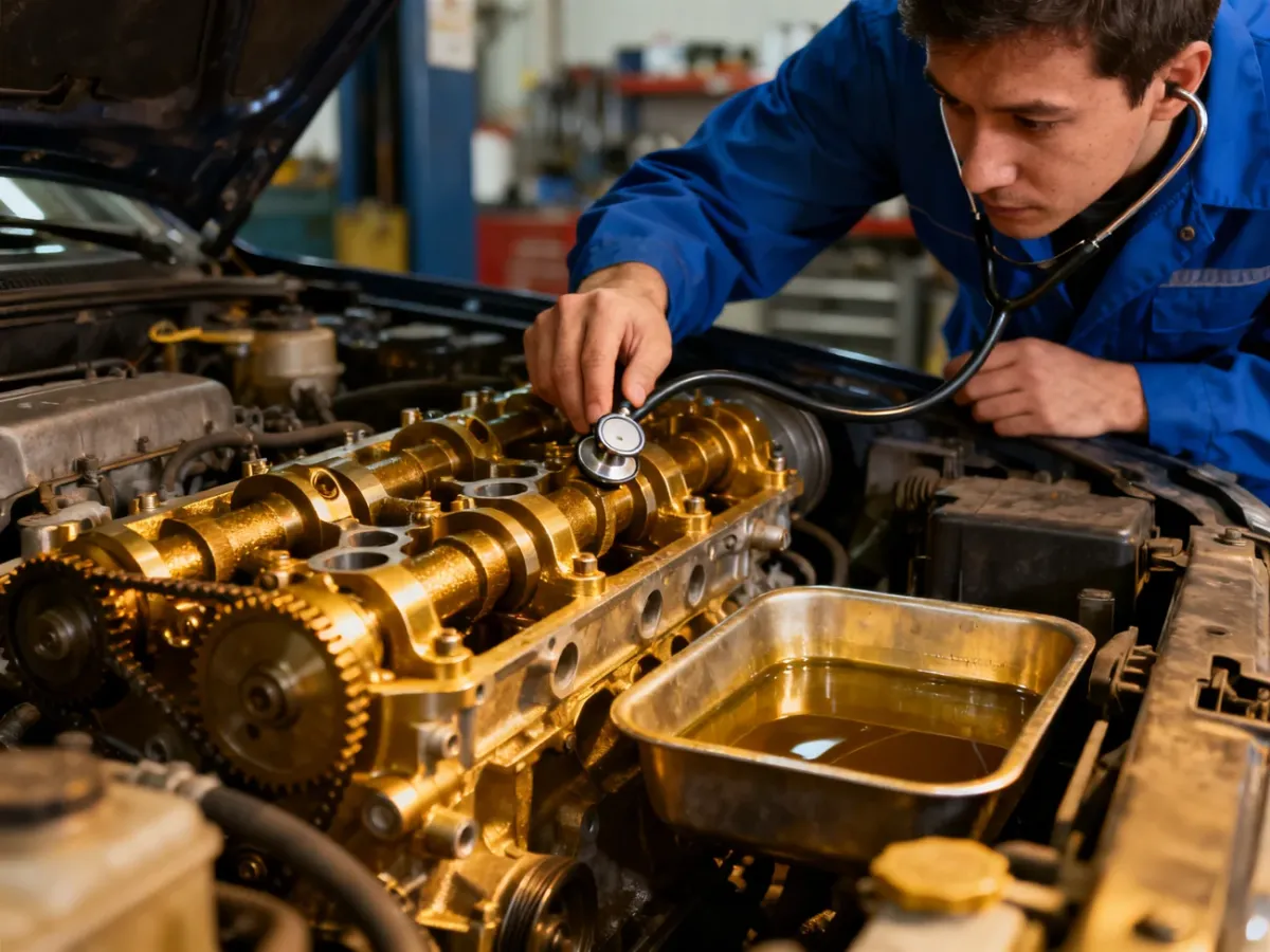 Mechanik lokalizujący źródło stukania w rozgrzanym silniku samochodu