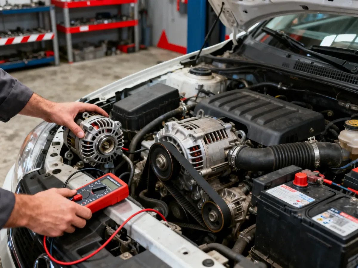 Mechanik sprawdzający alternator i układ ładowania w komorze silnika