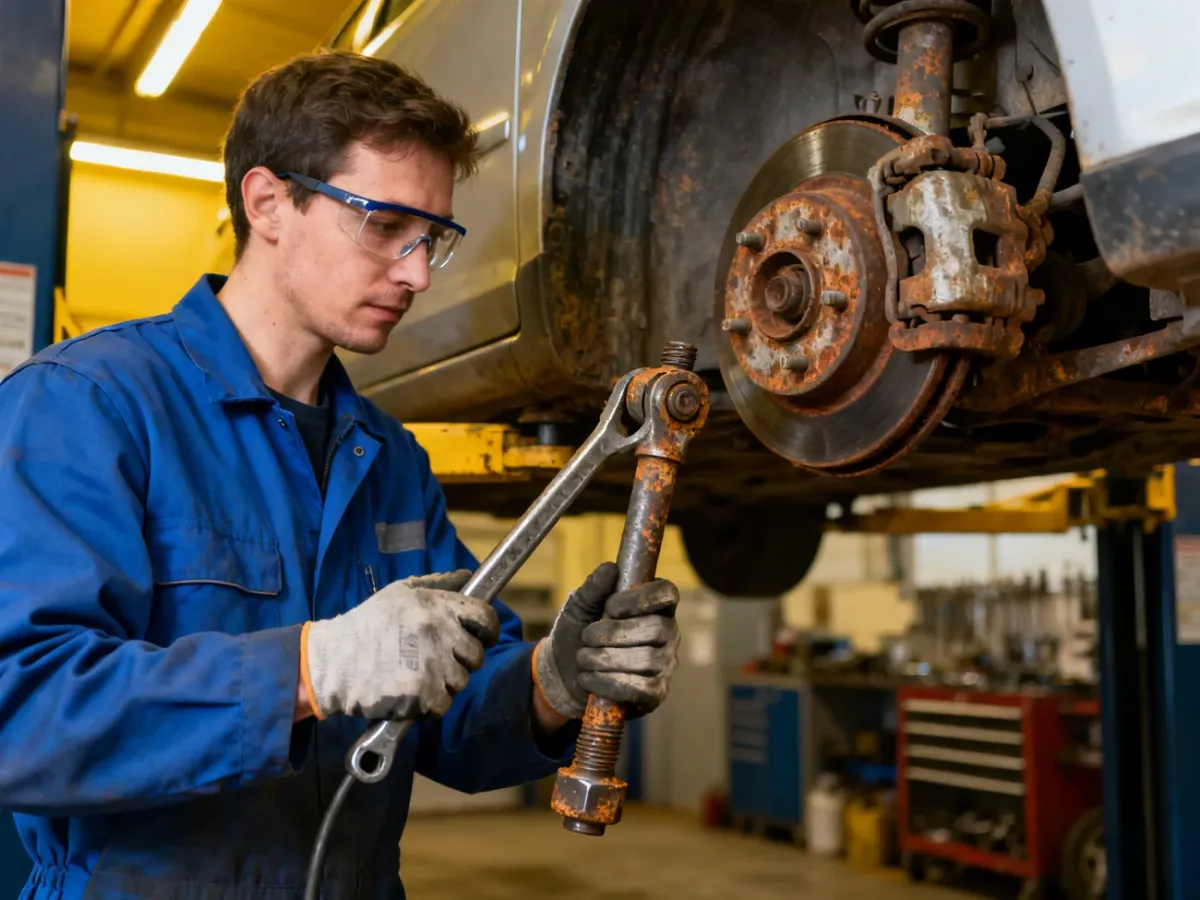 Mechanik demontujący skorodowaną końcówkę drążka kierowniczego przy przednim kole samochodu