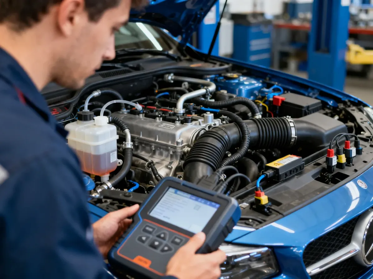 Mechanik diagnozujący silnik samochodu i sprawdzający układy odpowiedzialne za gaśnięcie na biegu jałowym