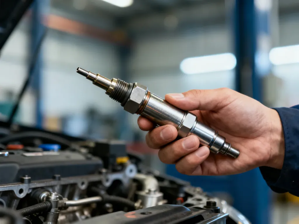Zbliżenie na nowoczesny wtryskiwacz paliwa typu common rail trzymany przez mechanika w profesjonalnym warsztacie.