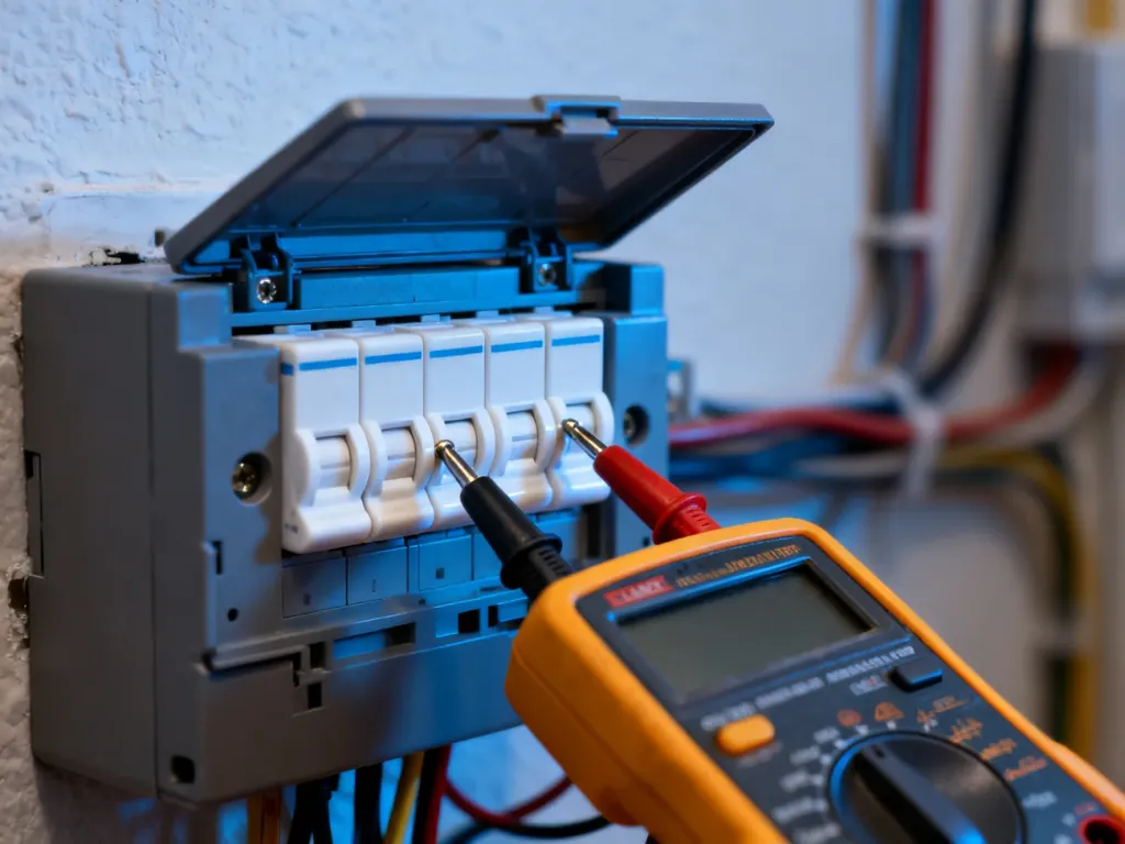 Elektryk używa multimetru do sprawdzania ciągłości ceramicznego bezpiecznika w otwartej skrzynce elektrycznej.