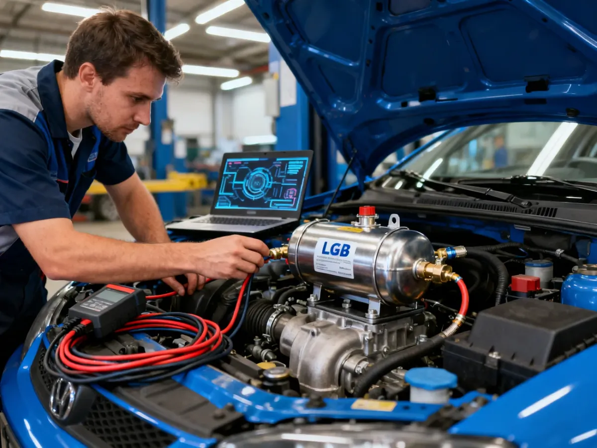 Mechanik sprawdza nowo zamontowany reduktor LPG i podłącza interfejs diagnostyczny