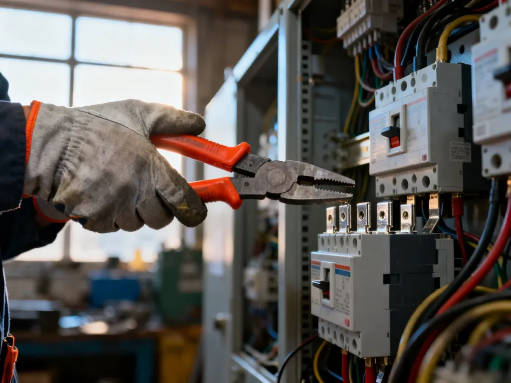 Elektryk w izolowanych rękawicach wyjmuje bezpiecznik nożowy z rozdzielnicy za pomocą specjalistycznych szczypiec.