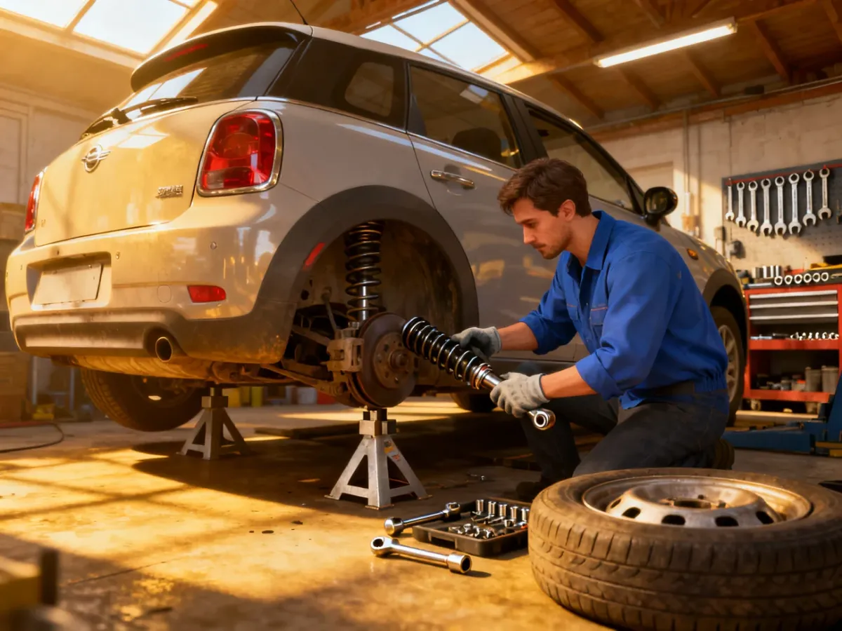 Mechanic replacing a rear shock absorber on a car supported by jack stands in a garage