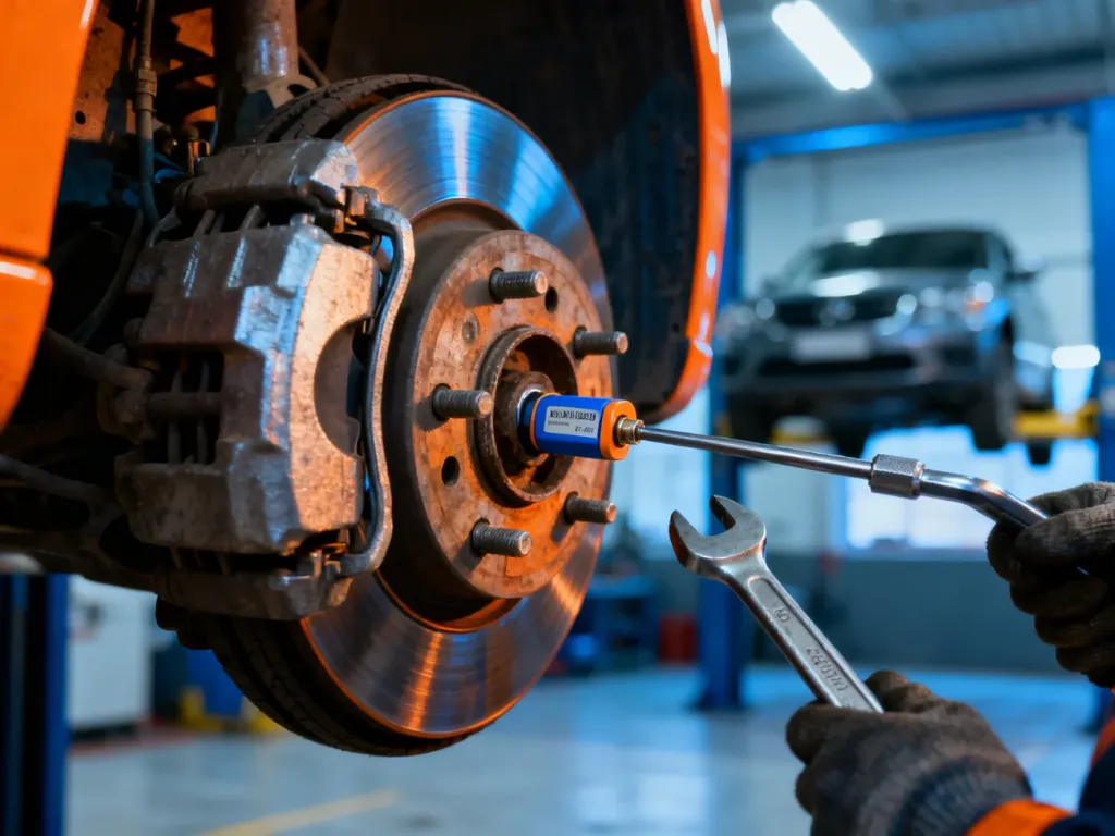 Mechanik podczas precyzyjnej kontroli czujnika ABS przy kole samochodu w profesjonalnym warsztacie.