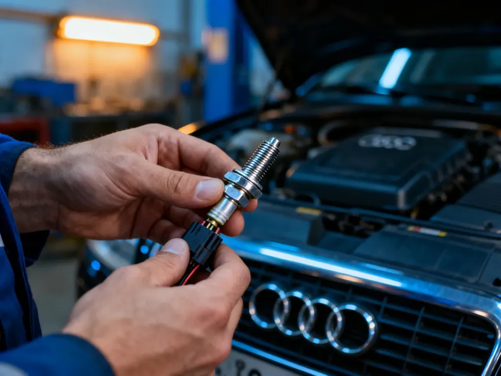 Dłonie mechanika trzymające nowy czujnik biegu wstecznego z widocznym gwintem i złączem elektrycznym na tle silnika Audi A6 C6.