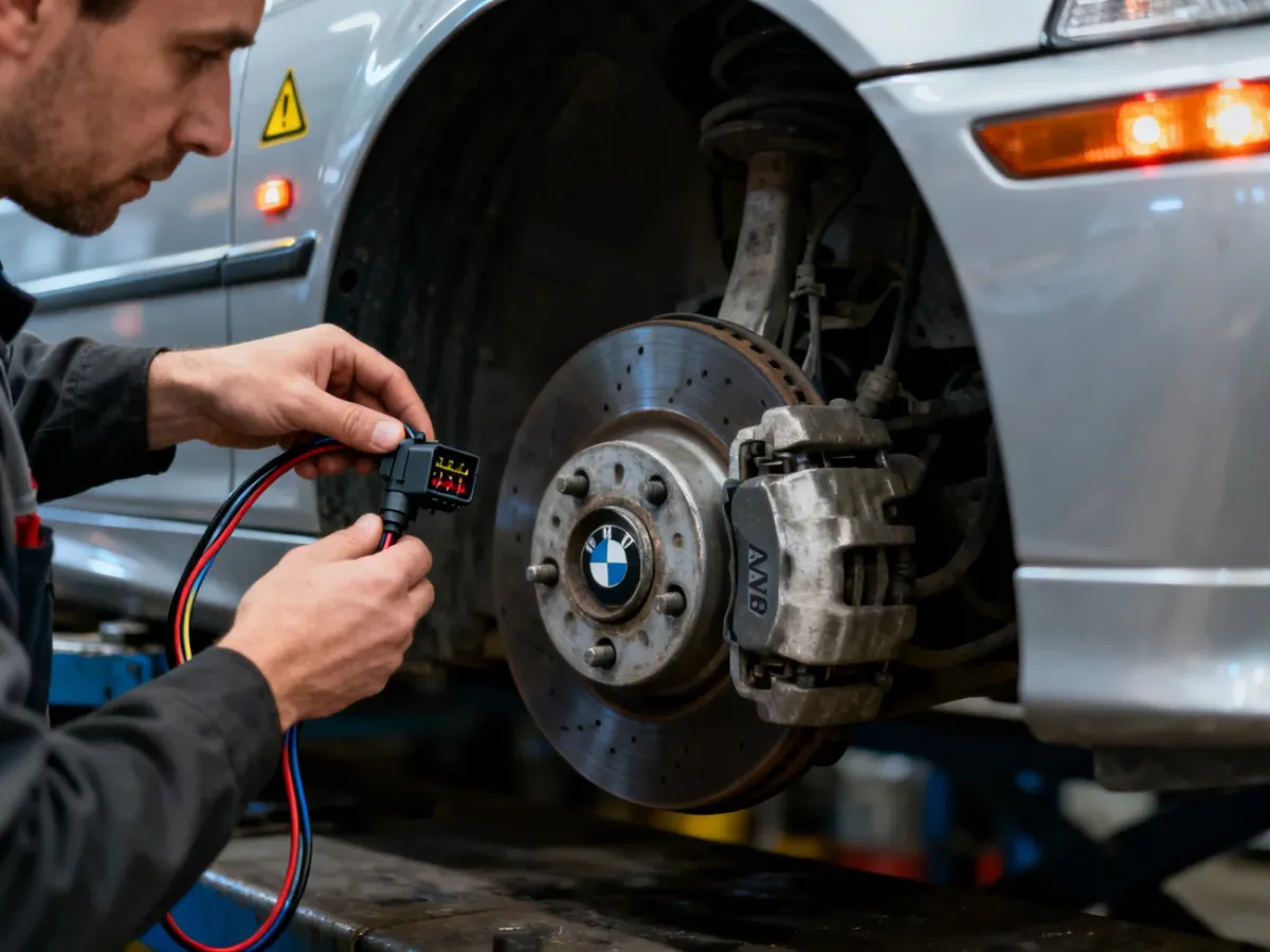 Mechanik sprawdza wtyczkę i przewód czujnika ABS przy kole BMW E46