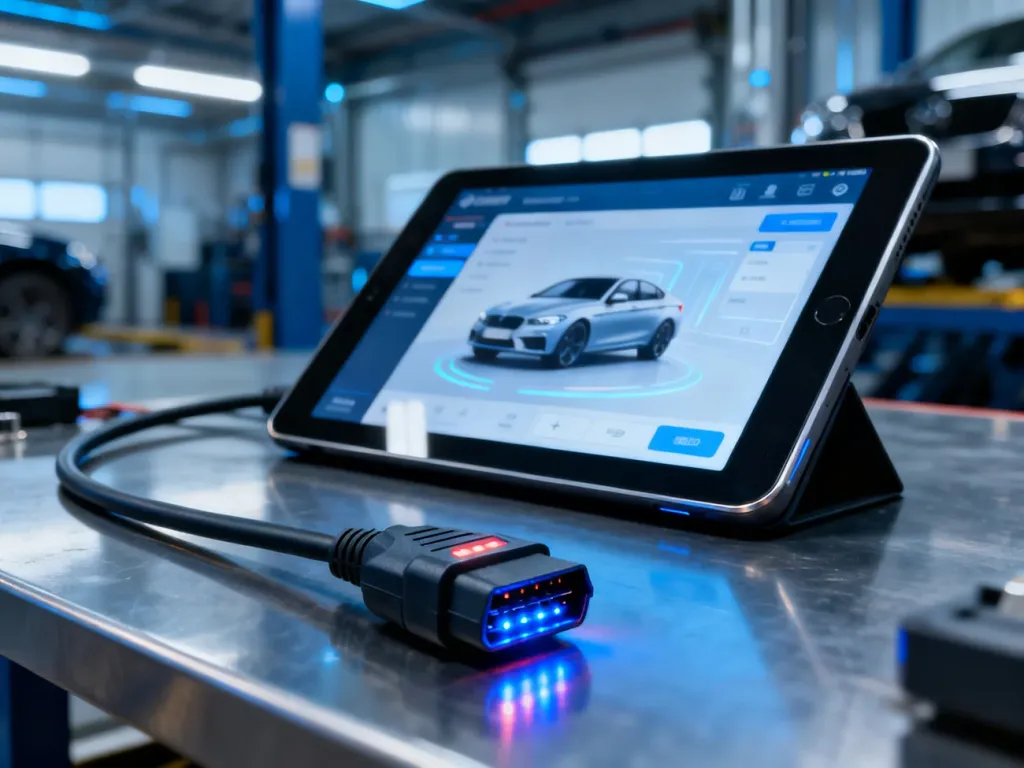 Tablet z interfejsem diagnostycznym OBD2 oraz profesjonalny kabel podłączony do samochodu w nowoczesnym warsztacie.