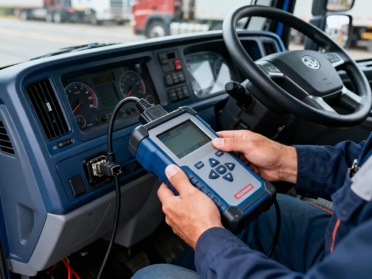 Mechanik podłączający kasownik błędów do złącza diagnostycznego ciężarówki