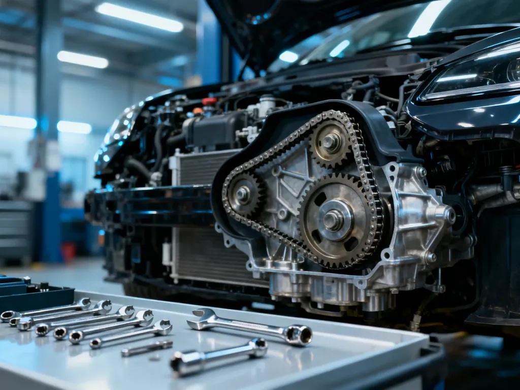 Otwarta komora silnika z widocznym mechanizmem rozrządu oraz uporządkowane narzędzia mechanika w profesjonalnym warsztacie.