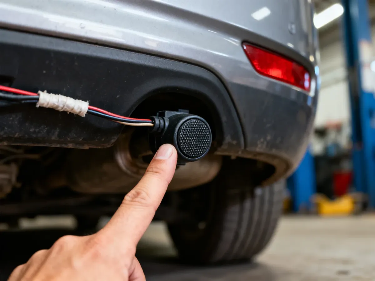 Mechanik sprawdzający działanie czujnika parkowania przy tylnym zderzaku