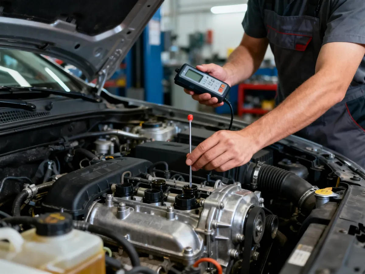 Mechanik diagnozujący stukanie silnika w samochodzie